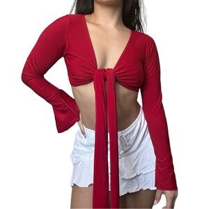 Y2K Front Tie Crop Top & Wrap Top Long Sleeve W/ Slits Red Size Small Baddie